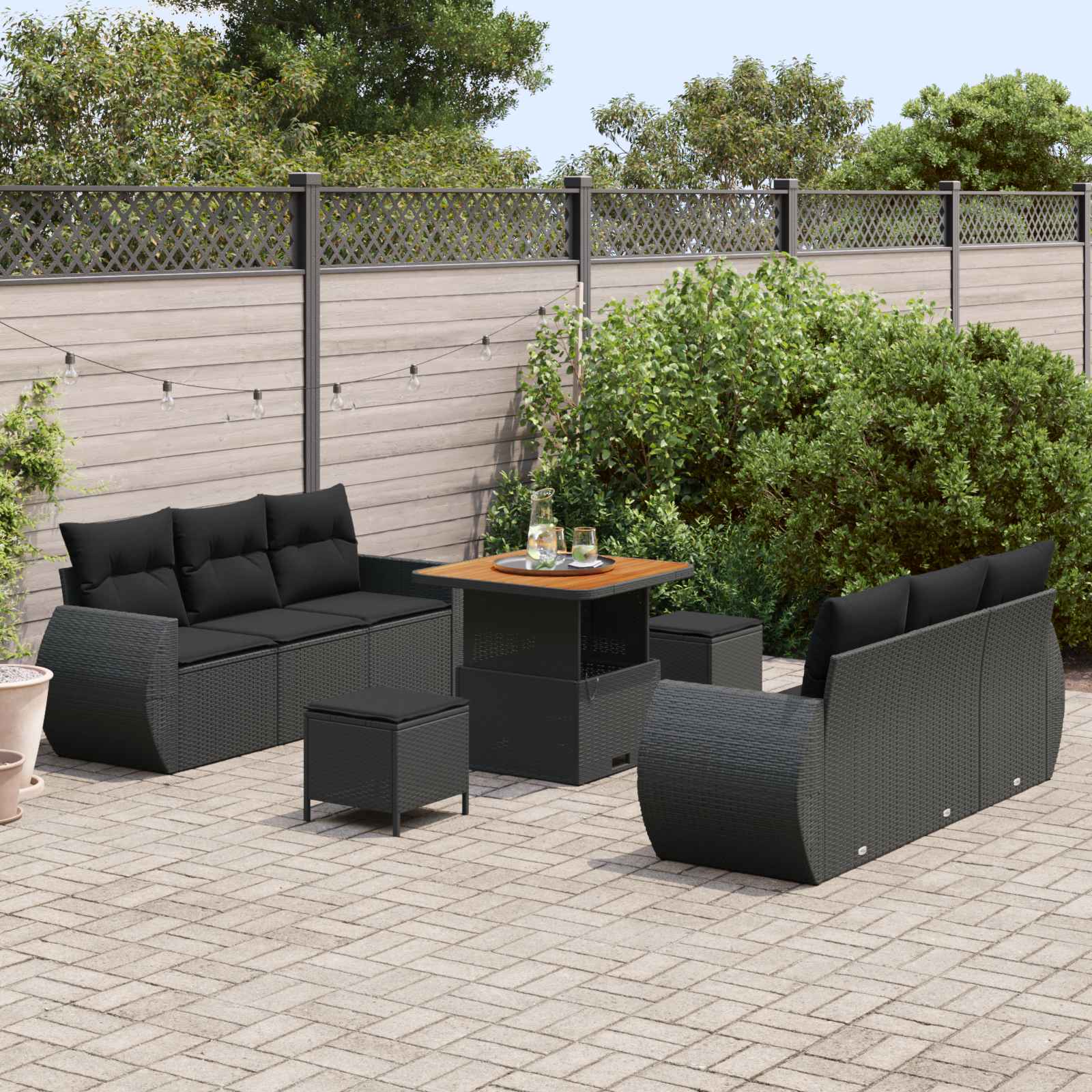 Gartensofa-set mit Kissen mit Kissen 9 pcs Schwarz Poly-Rattan