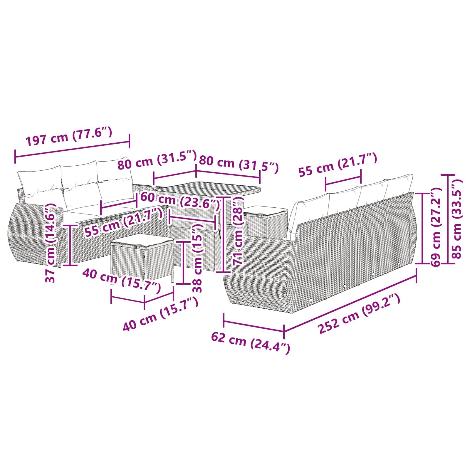 Gartensofa-set mit Kissen mit Kissen 10 pcs Schwarz Poly-Rattan