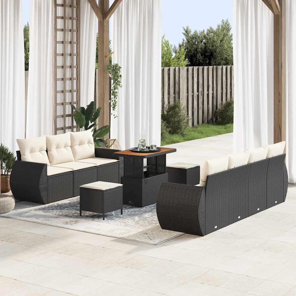 Gartensofa-set mit Kissen 10 pcs Schwarz und Creme Poly-Rattan