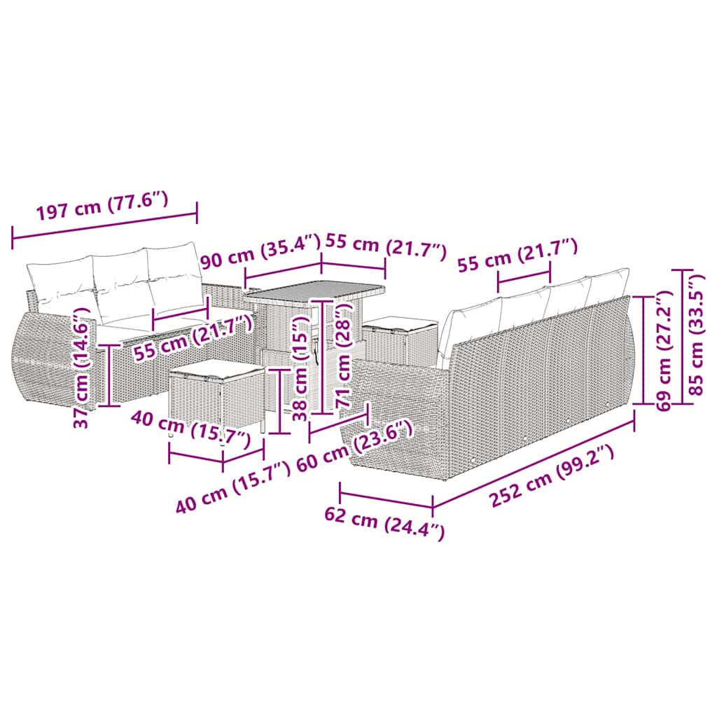Gartensofa-set mit Kissen 10 pcs Schwarz und Creme Poly-Rattan