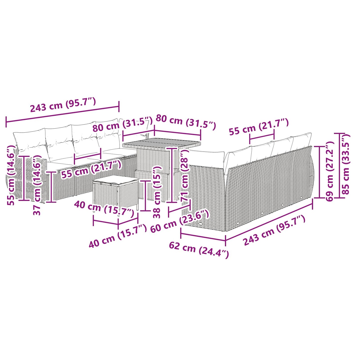 Gartensofa-set 11 stk. Schwarz Poly-Rattan