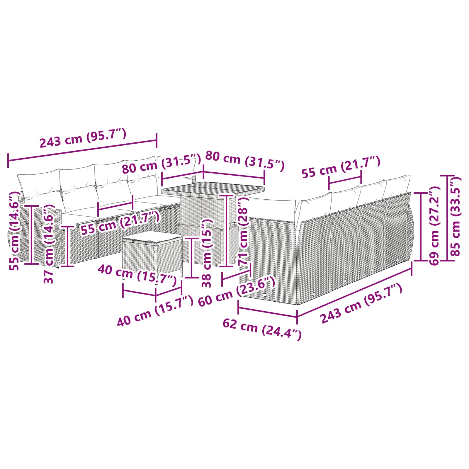 Gartensofa-set 11 stk. Schwarz Poly-Rattan