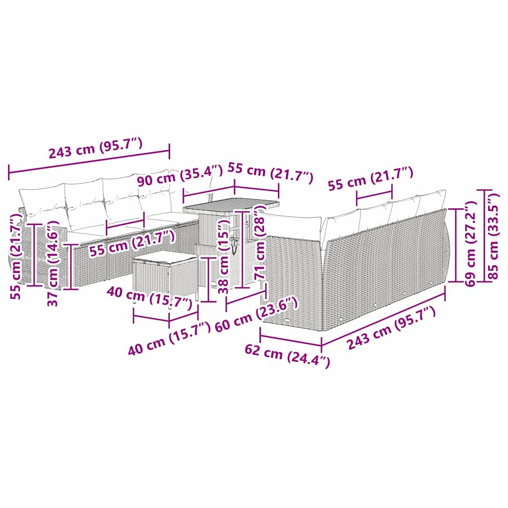 Gartensofa-set 11 stk. Schwarz Poly-Rattan