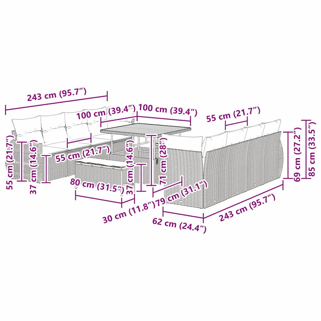 Garten-Sofa-Set mit Speicher 11 pcs Schwarz Poly Rattan