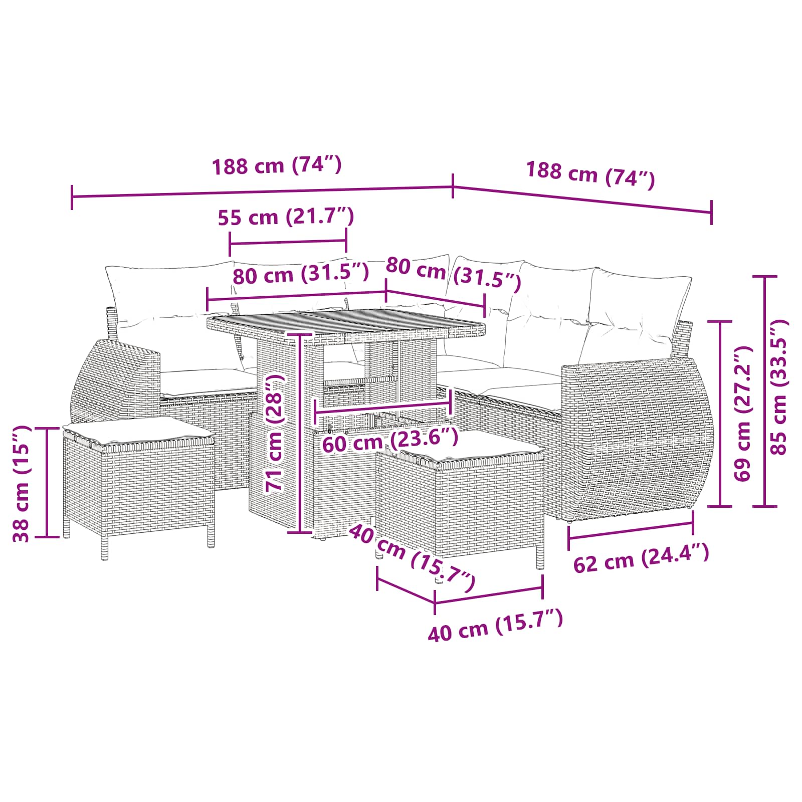 Gartensofa-set mit Kissen mit Kissen 8 pcs Schwarz Poly-Rattan