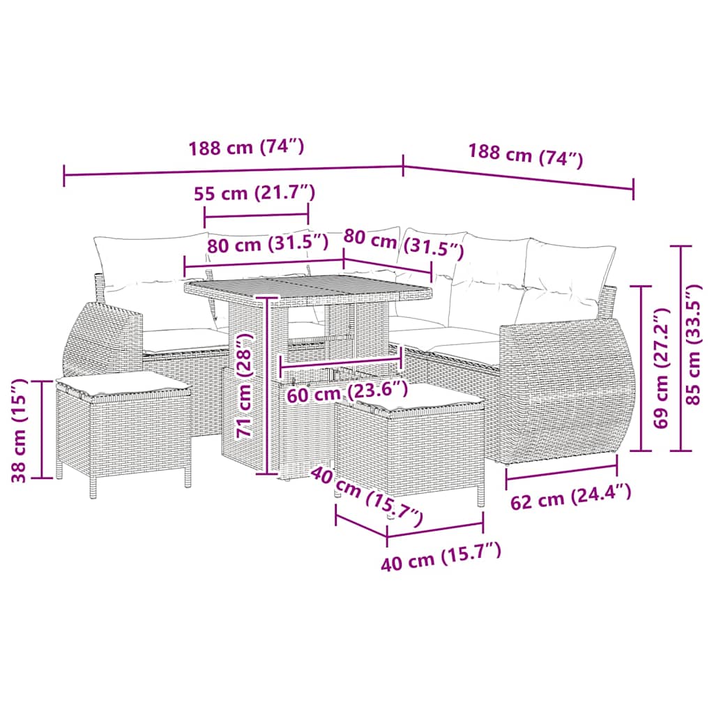 Gartensofa-set 8 stk. 7-Sitzanzahl Beige und Creme Poly-Rattan