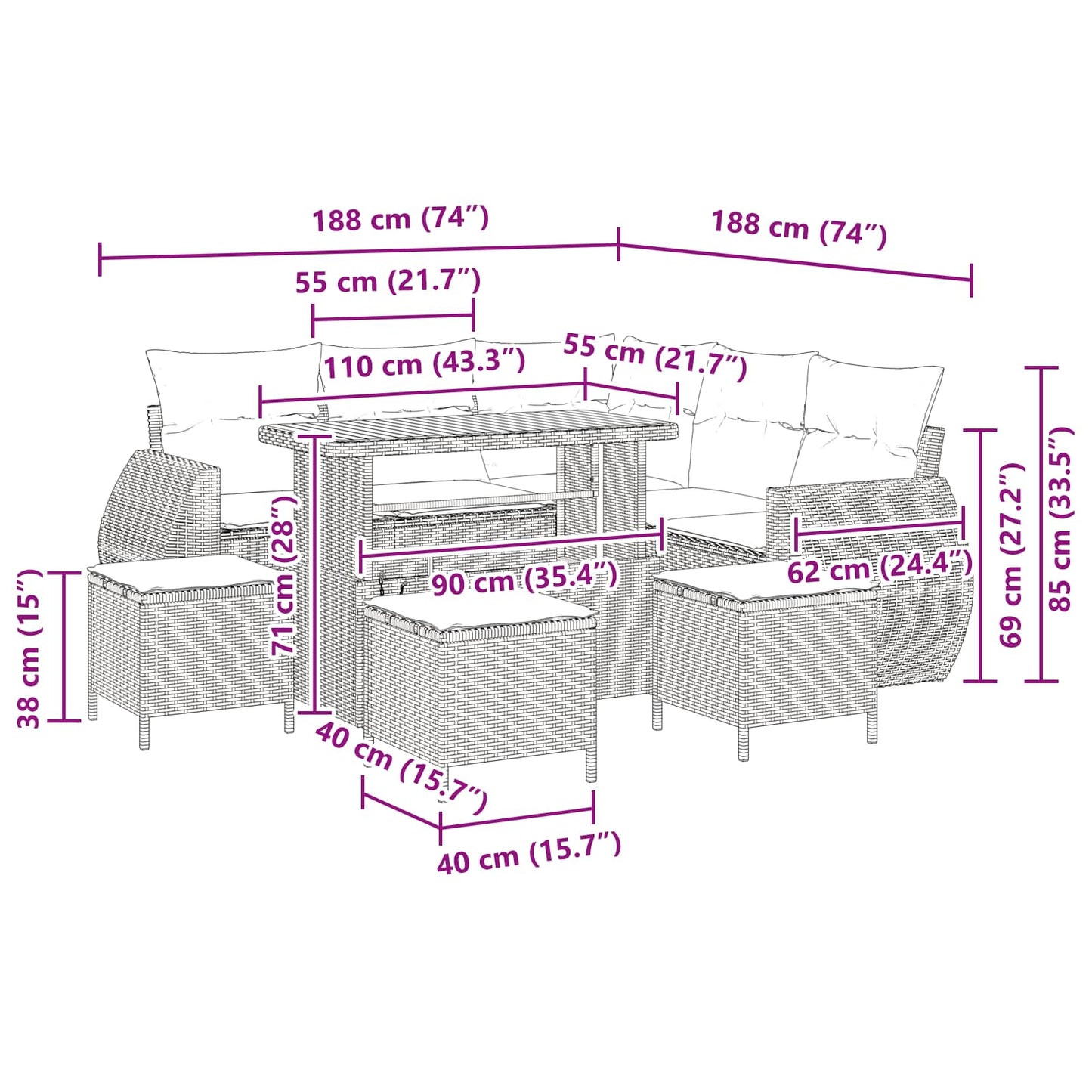 Gartensofa-set 9 pcs 8-Sitzanzahl Schwarz Poly-Rattan