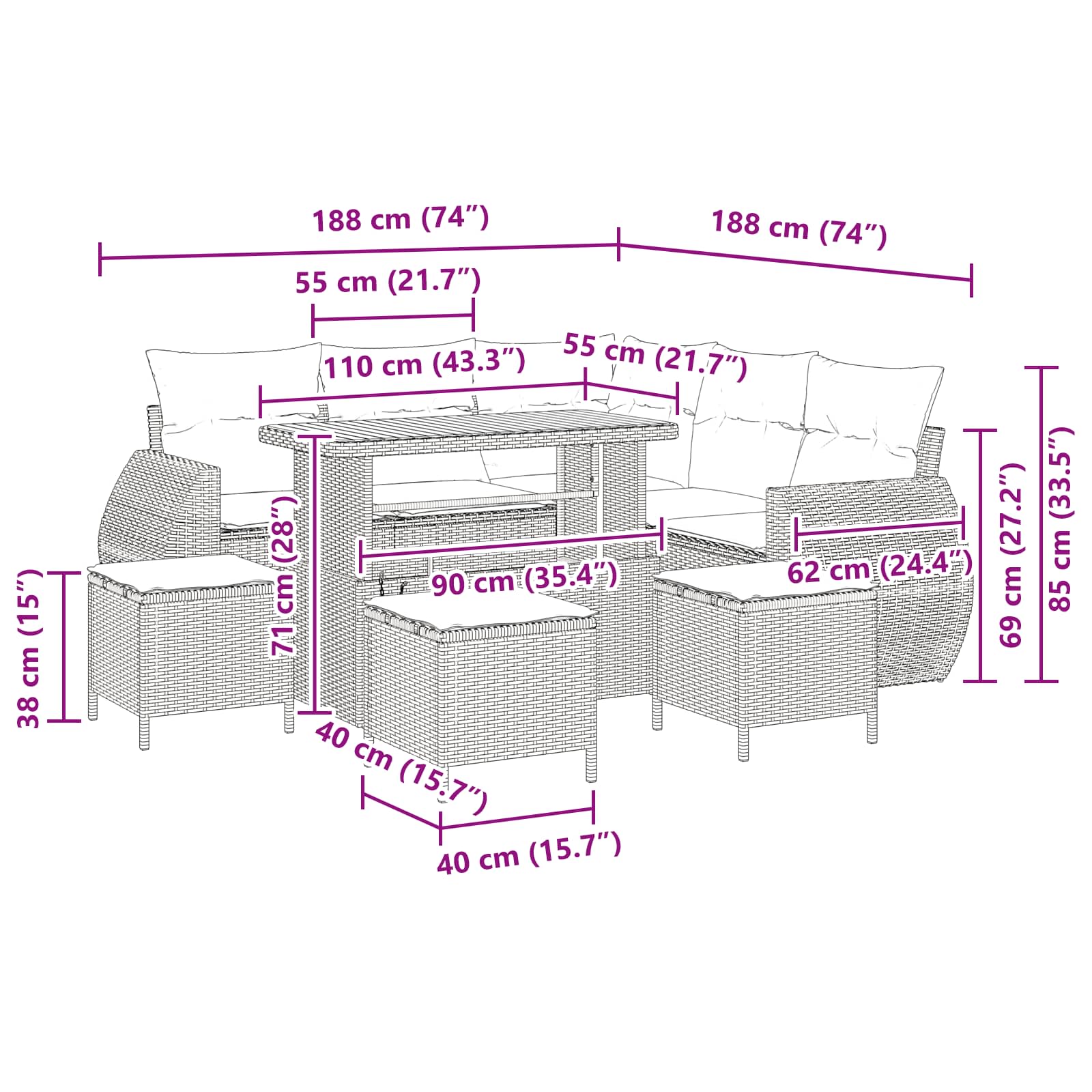 Gartensofa-set 9 pcs 8-Sitzanzahl Schwarz Poly-Rattan