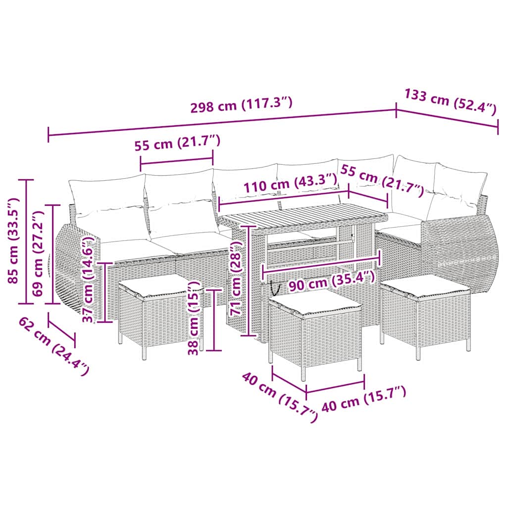 Gartensofa-set 10 stk. 10-Sitzanzahl Schwarz und Creme