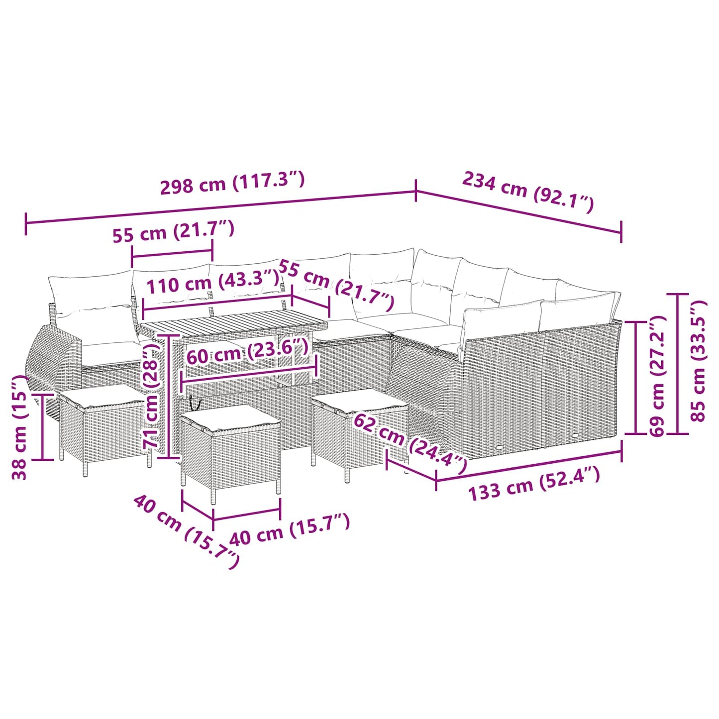 Gartensofa-set mit Kissen mit Kissen 13 pcs Schwarz Poly Rattan