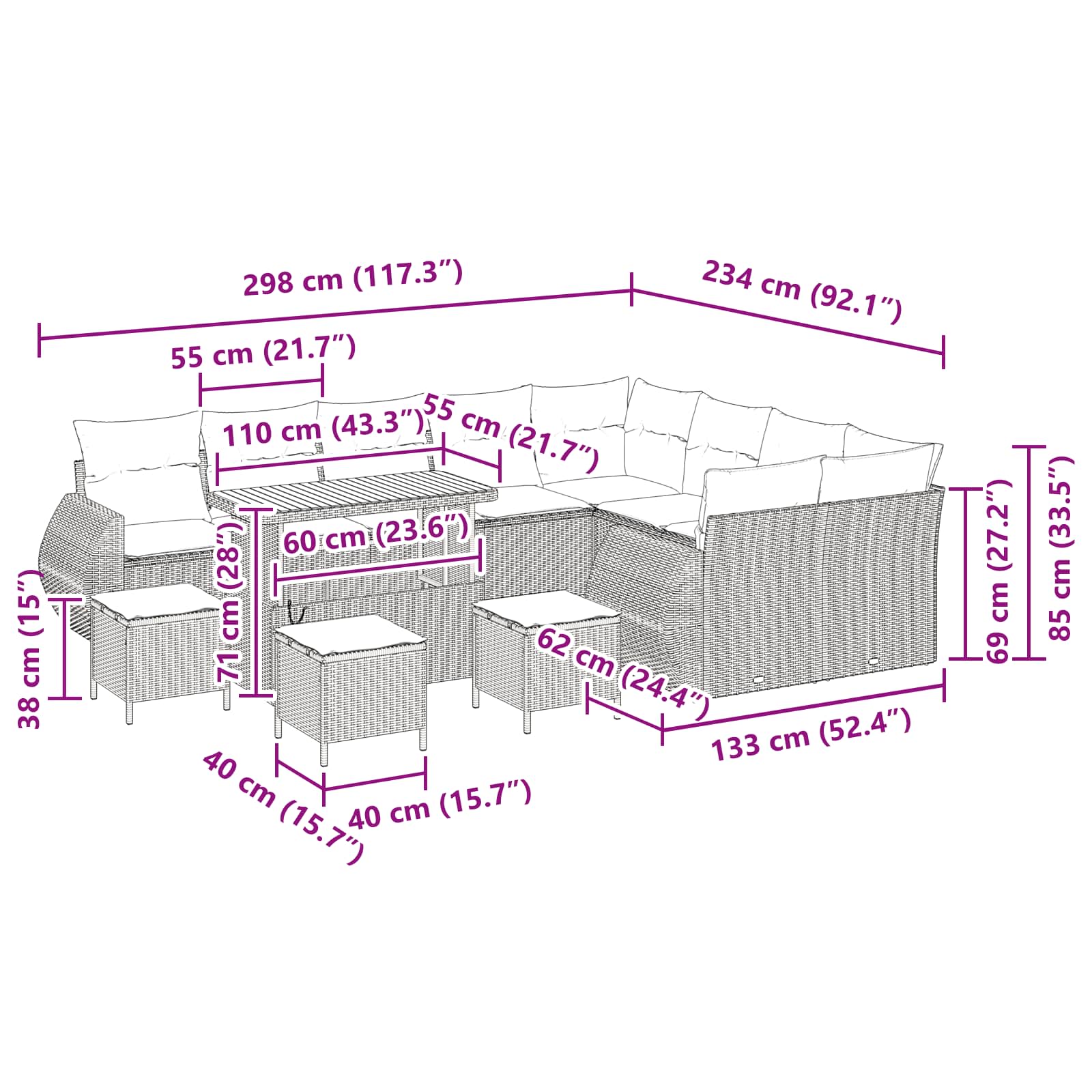 Gartensofa-set mit Kissen mit Kissen 13 pcs Schwarz Poly Rattan
