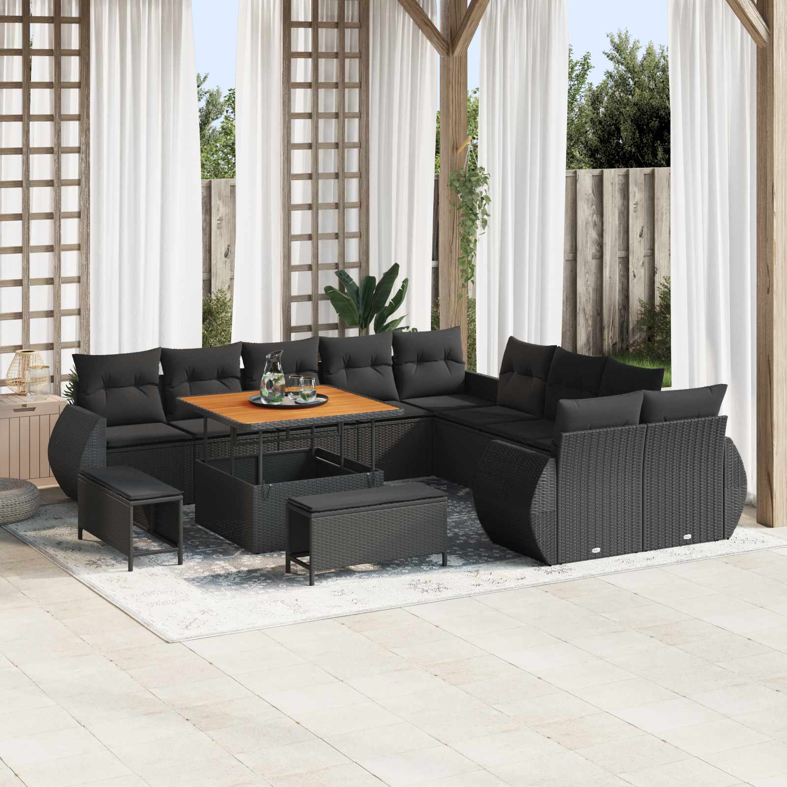 Garten-Sofa-Set mit Kissen mit Speicher 13 pcs Schwarz