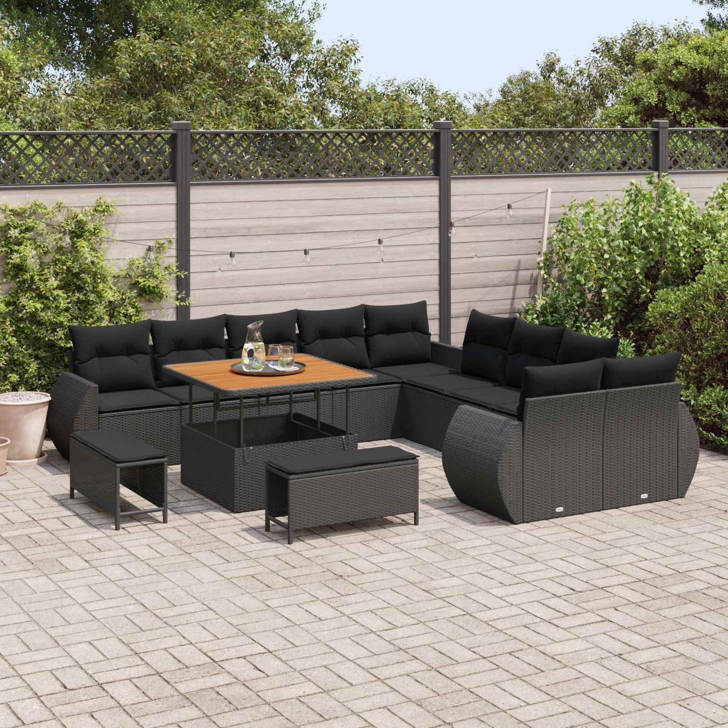 Garten-Sofa-Set mit Kissen mit Speicher 13 pcs Schwarz