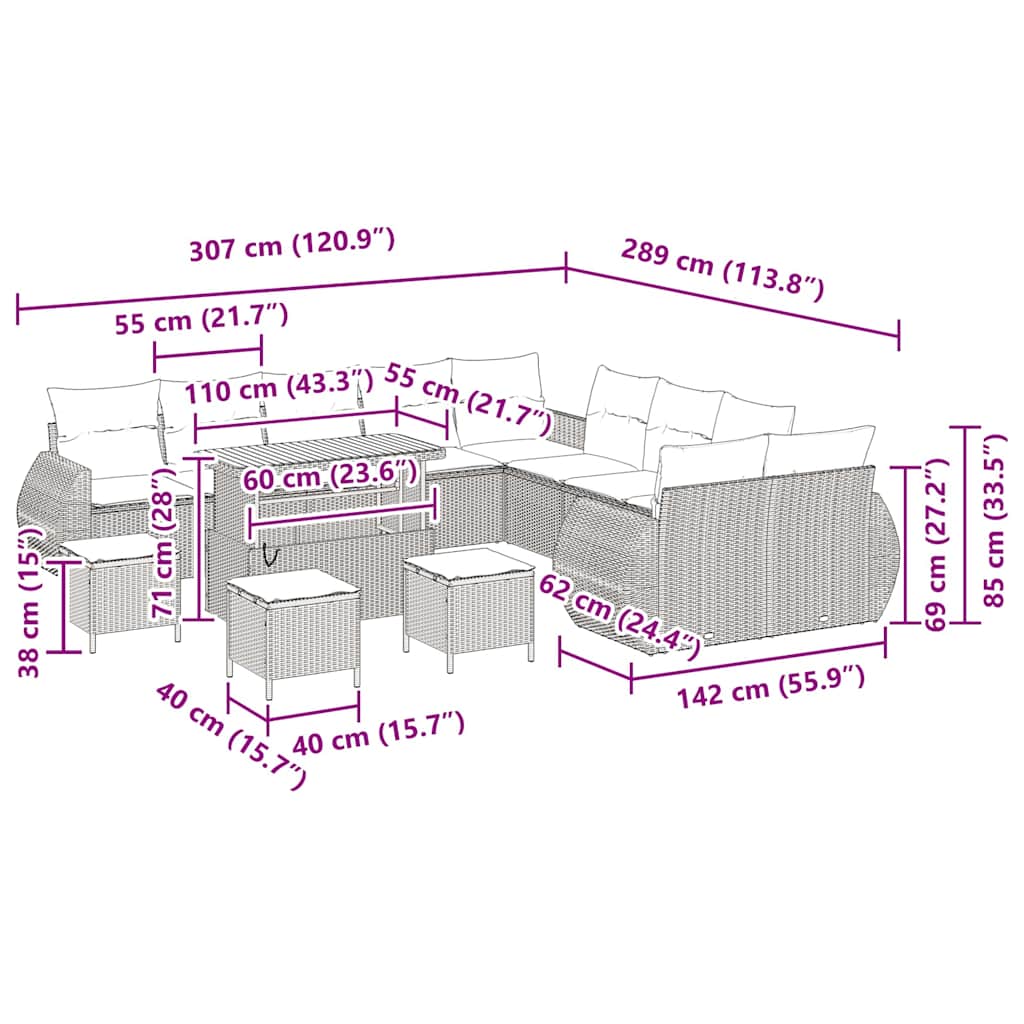 Garten-Sofa-Set mit Kissen mit Kissen 14 pcs Schwarz und Creme