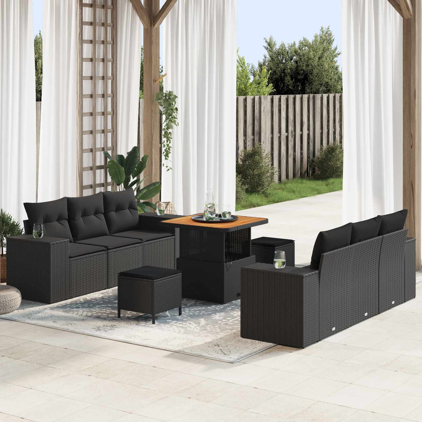 Gartensofa-set mit Kissen Schwarz 221 x 204 x 85 cm Poly Rattan
