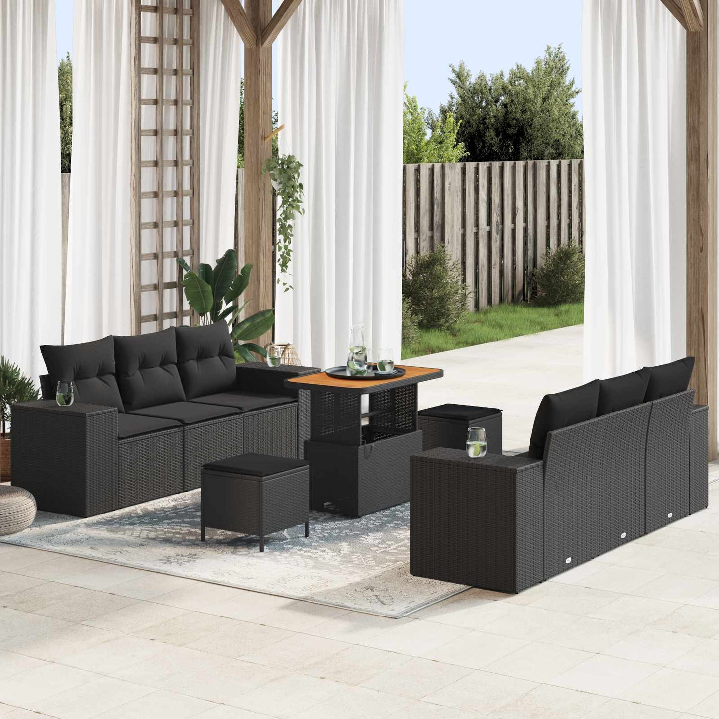 Gartensofa-set mit Kissen mit Kissen 9 pcs Schwarz Poly Rattan
