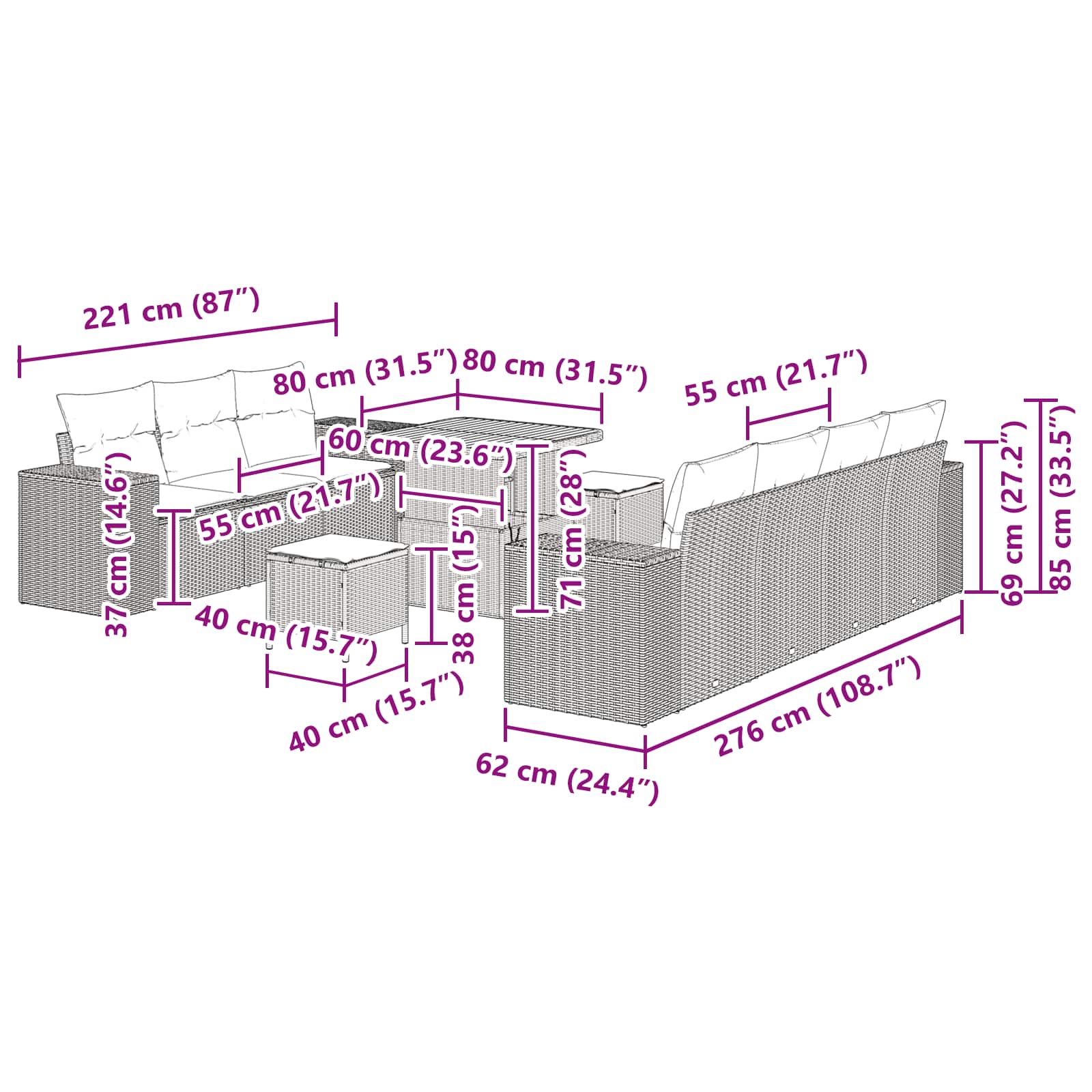 Gartensofa-set mit Kissen mit Kissen 10 pcs Schwarz Poly Rattan