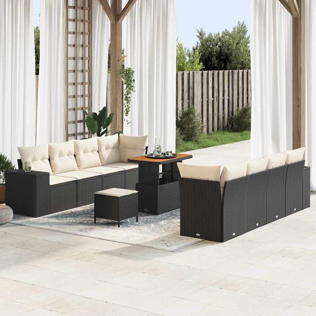 Gartensofa-set mit Kissen 11 pcs Schwarz und Creme Poly-Rattan