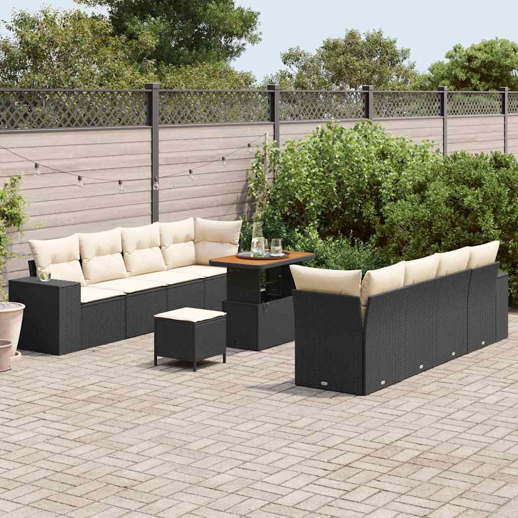 Gartensofa-set mit Kissen 11 pcs Schwarz und Creme Poly-Rattan