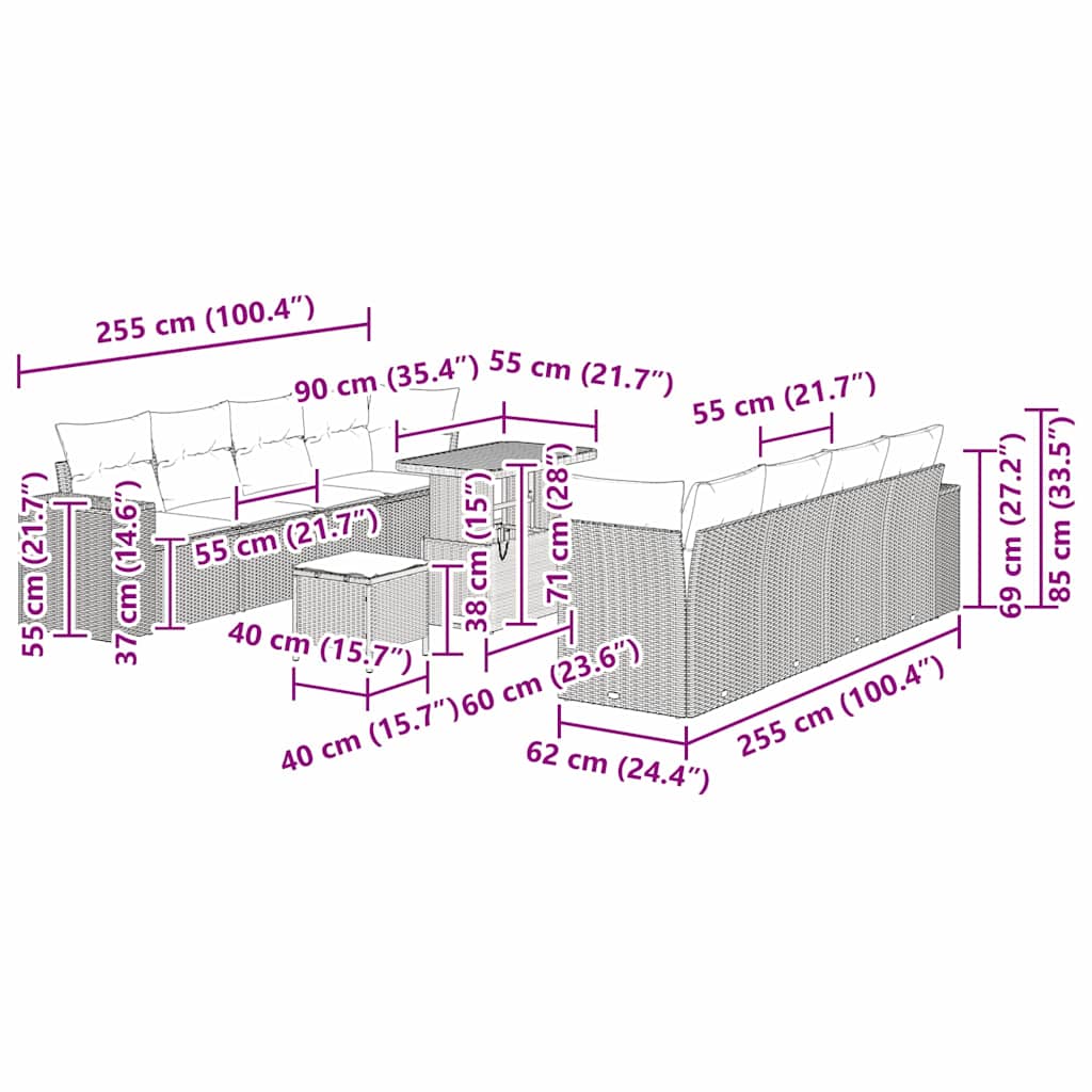Gartensofa-set mit Kissen 11 pcs Beige und Creme Poly-Rattan