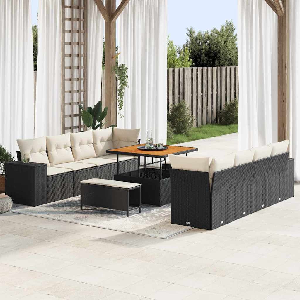 Gartensofa-set mit Kissen 11 pcs Schwarz und Creme Poly-Rattan
