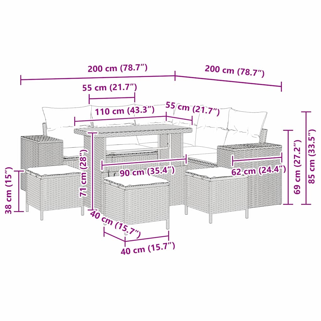 Gartensofa-set 9 stk. 8-Sitzanzahl Beige und Creme Poly-Rattan