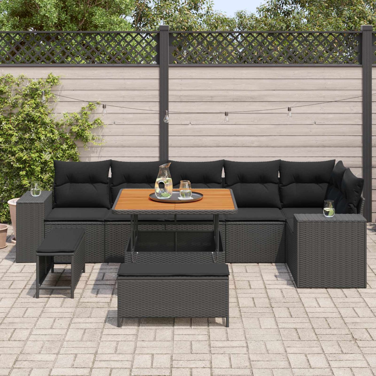 Gartensofa-set mit Kissen 9 pcs Schwarz Poly-Rattan