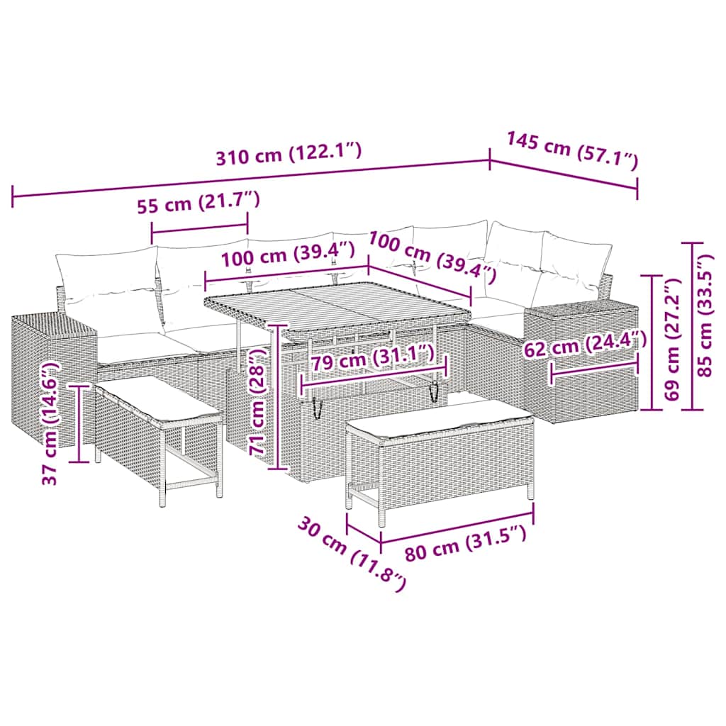 Gartensofa-set 9 stk. 6-Sitzanzahl Schwarz und Creme