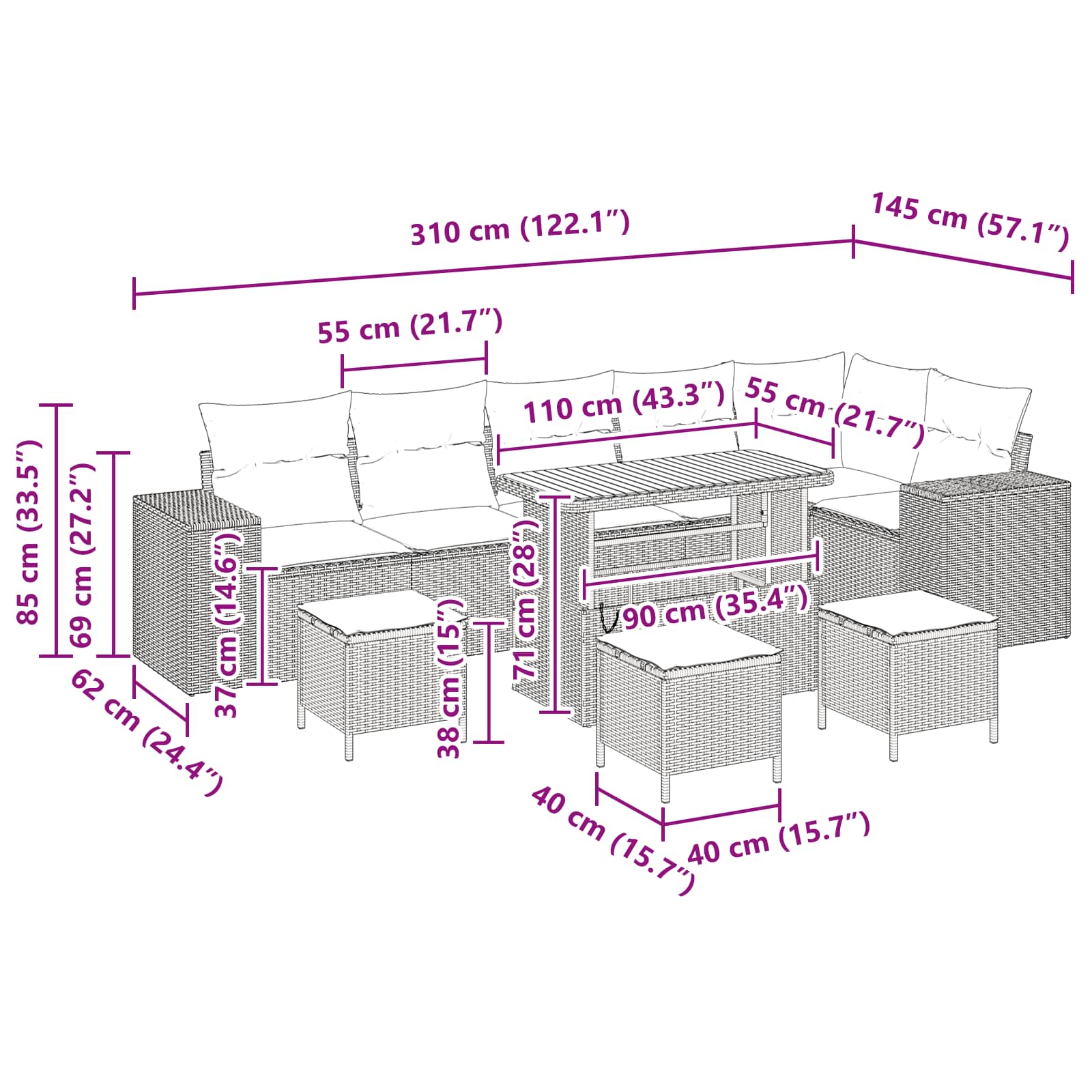 Gartensofa-set mit Kissen 10 pcs Schwarz Poly-Rattan