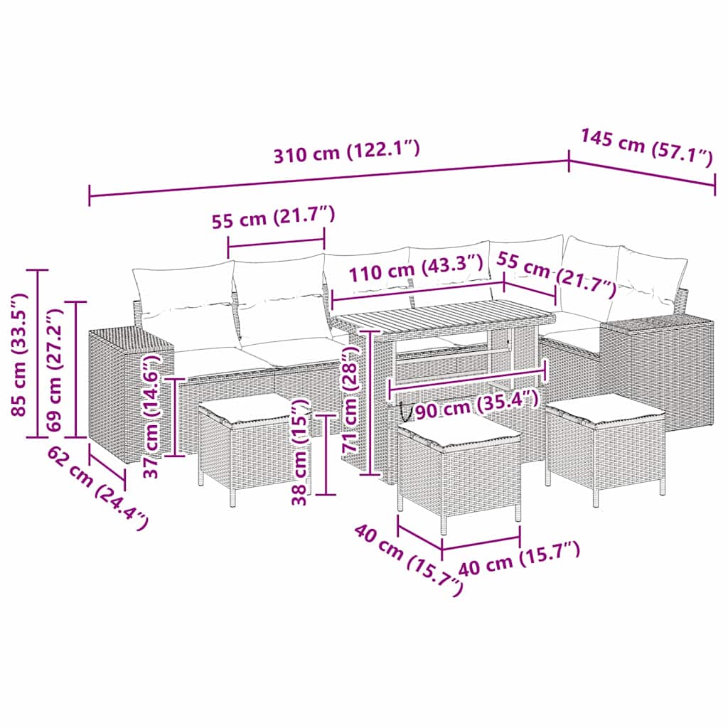 Gartensofa-set 10 stk. 6-Sitzanzahl Schwarz und Creme