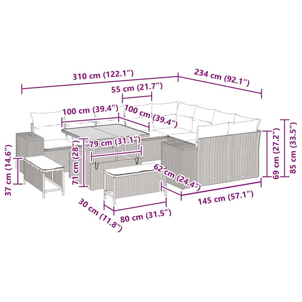 Gartensofa-set 12 stk. 9-Sitzanzahl Beige und Creme Poly-Rattan