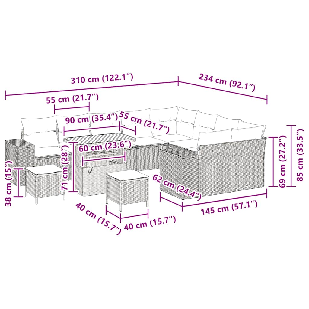 Gartensofa-set 12 stk. 9-Sitzanzahl Beige und Creme Poly-Rattan