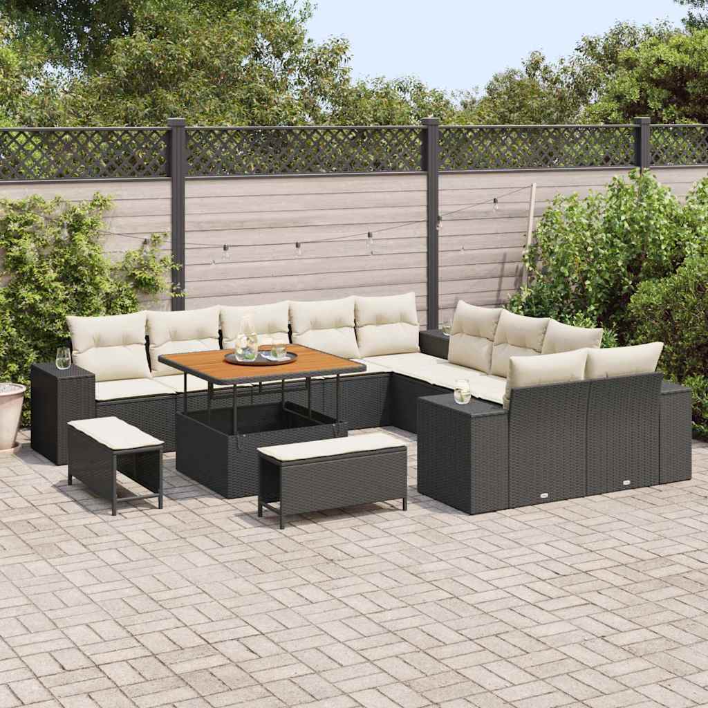 Gartensofa-set 13 stk. Schwarz und Creme Poly-Rattan