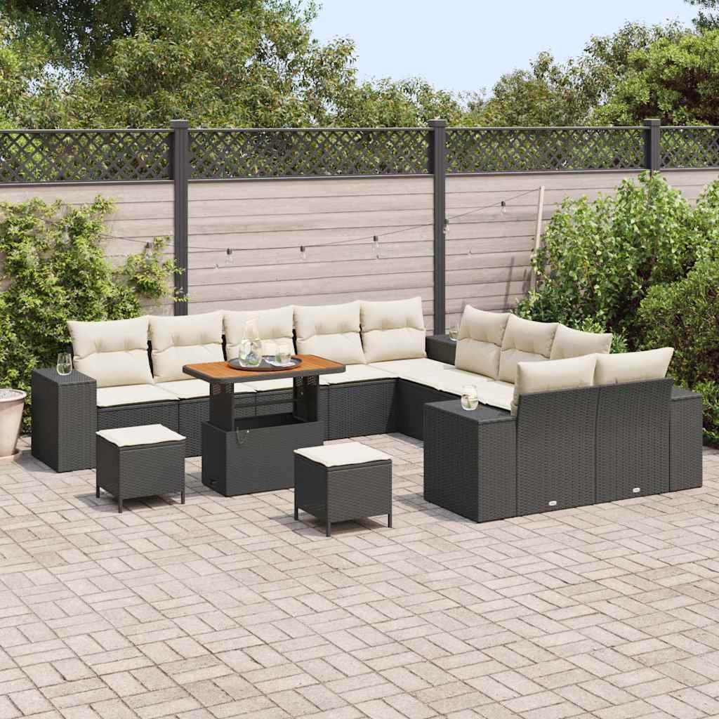 Gartensofa-set mit Kissen 13 pcs Schwarz und Creme Poly-Rattan