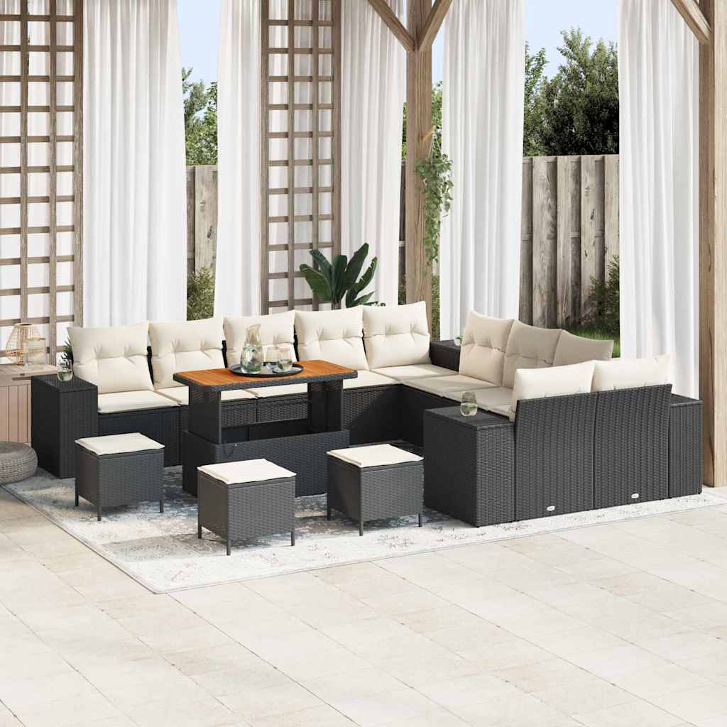 Gartensofa-set mit Kissen 14 pcs Schwarz und Creme Poly-Rattan