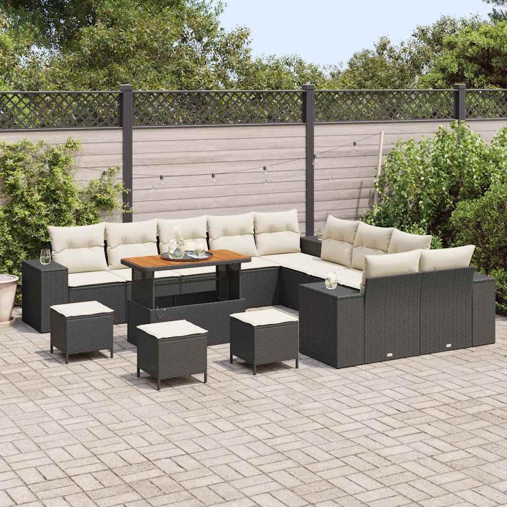 Gartensofa-set mit Kissen 14 pcs Schwarz und Creme Poly-Rattan