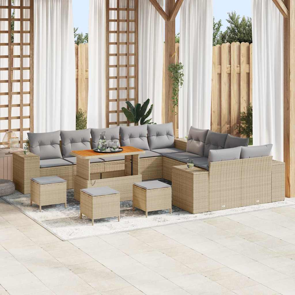 Gartensofa-set mit Kissen 14 pcs Beige und Hellgrau Poly-Rattan