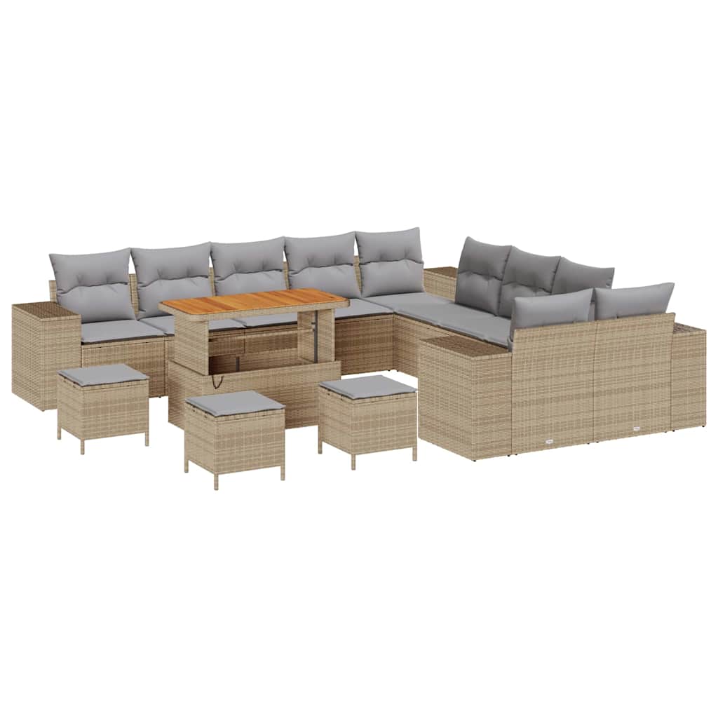 Gartensofa-set mit Kissen 14 pcs Beige und Hellgrau Poly-Rattan