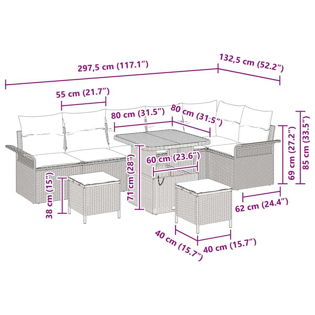 Garten-Sofa-Set mit Kissen mit Speicher 9 pcs Schwarz