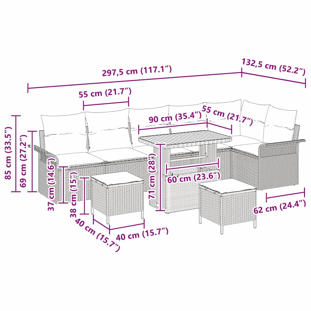 Garten-Sofa-Set 9 stk. 8-Sitzanzahl Schwarz und Creme