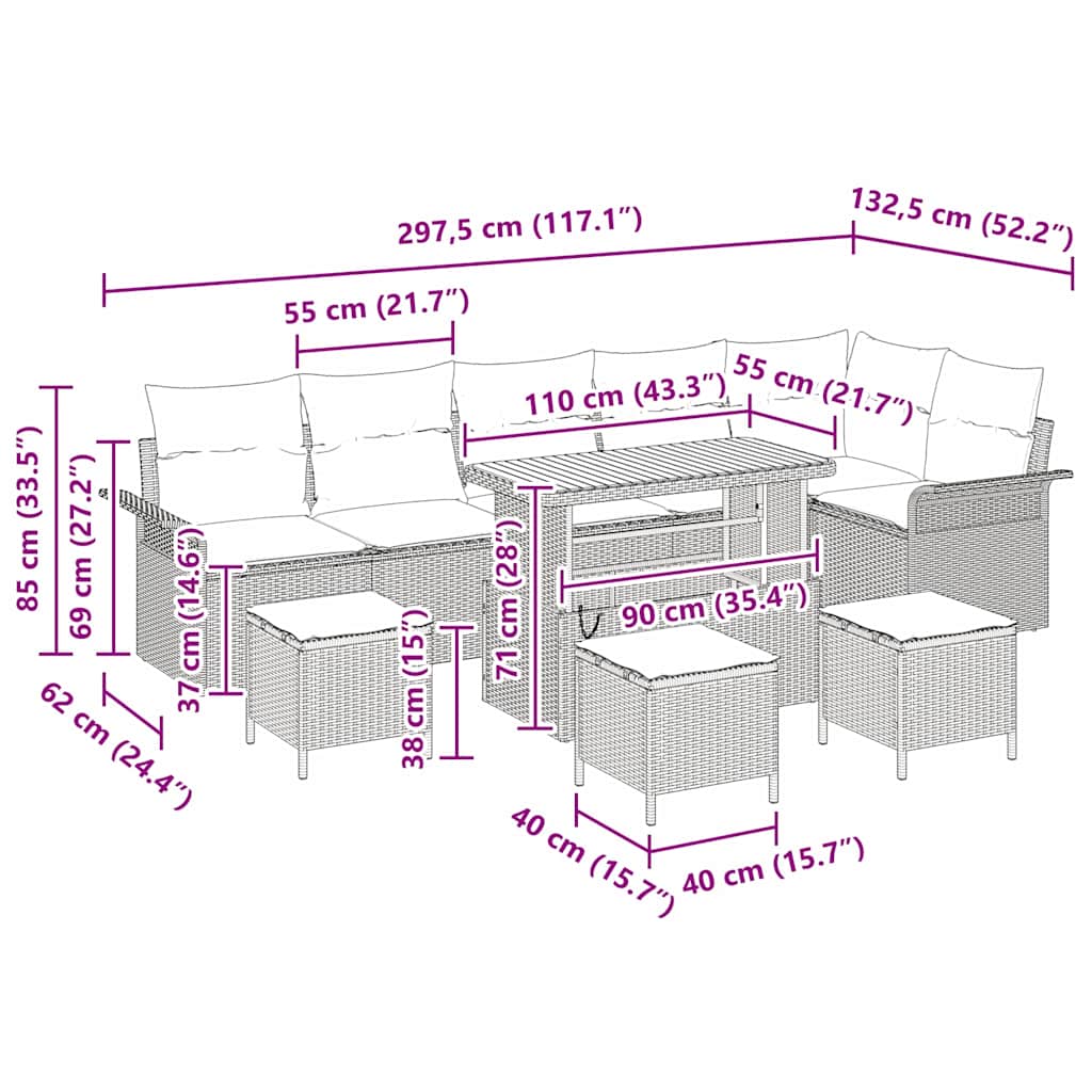 Garten-Sofa-Set 10 stk. 9-Sitzanzahl Schwarz und Creme