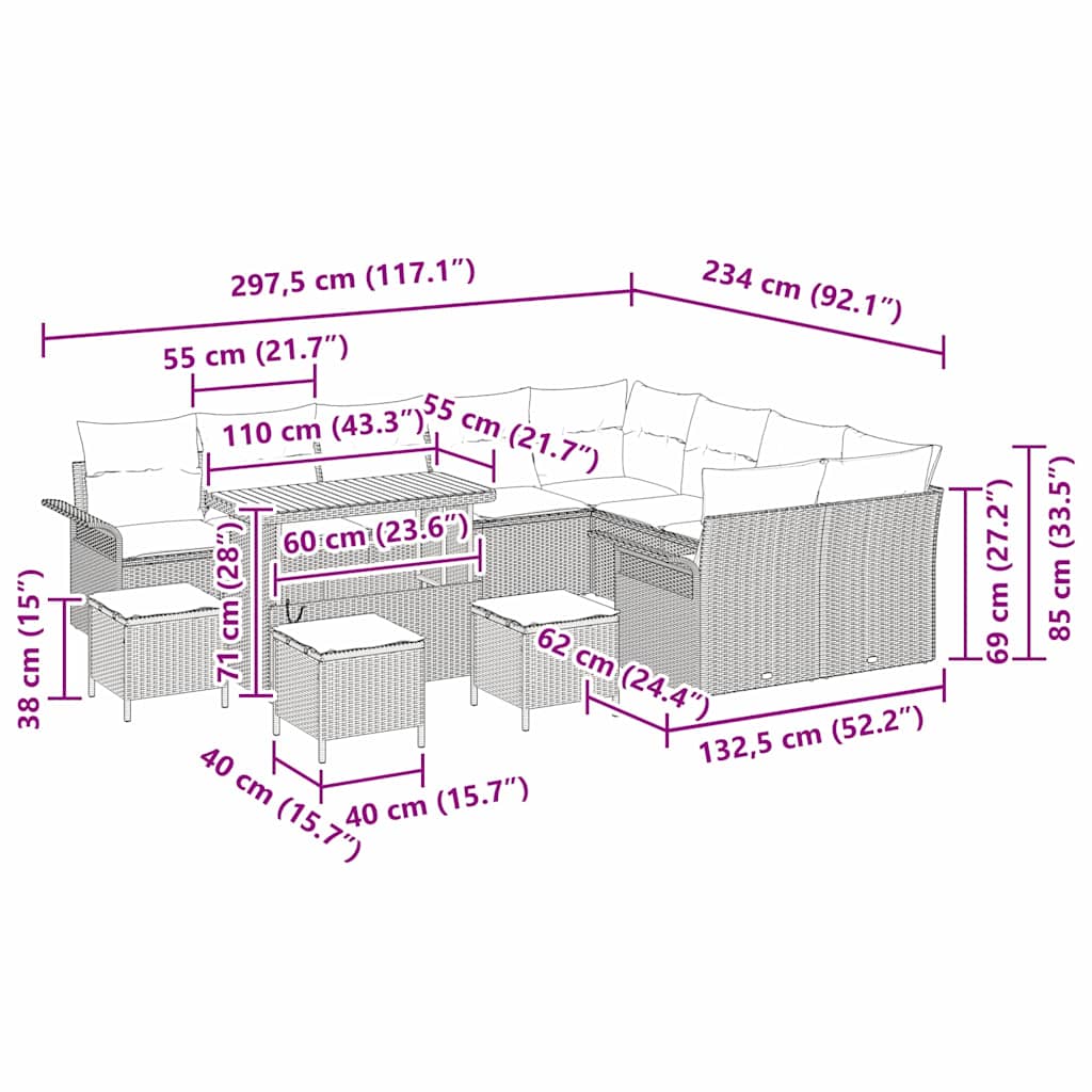 Garten-Sofa-Set 13 stk. 12-Sitzanzahl Beige und Creme