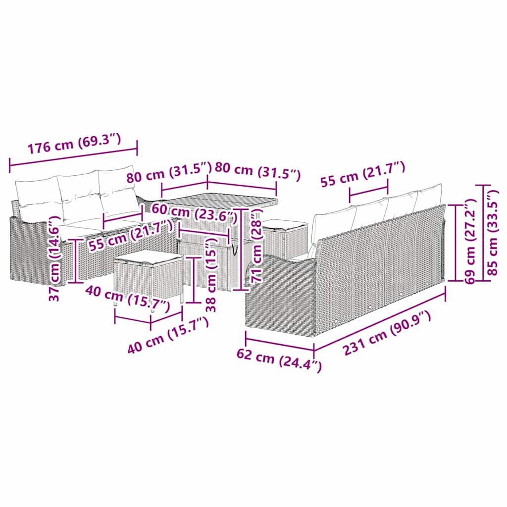 Garten-Sofa-Set mit Kissen mit Speicher 10 pcs Schwarz