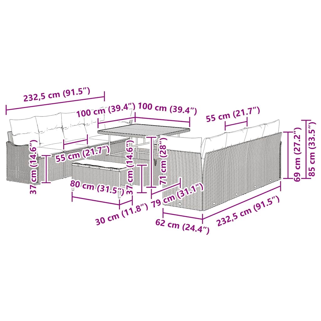 Garten-Sofa-Set 11 stk. 10-Sitzanzahl Beige und Creme