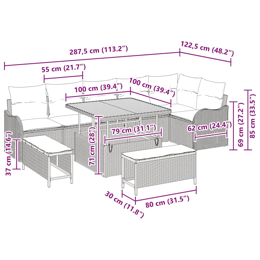 Garten-Sofa-Set 9 stk. 8-Sitzanzahl Schwarz und Creme