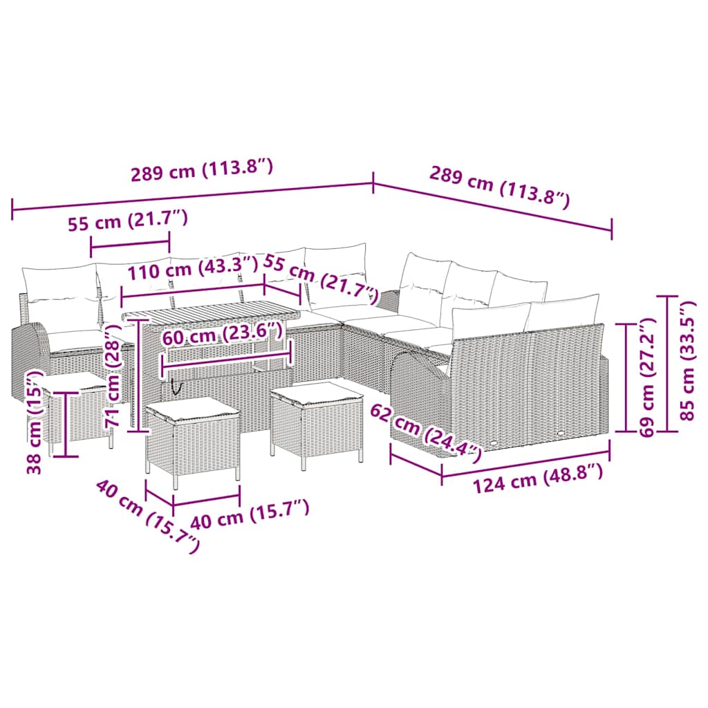 Garten-Sofa-Set mit Kissen 14 pcs Schwarz und Creme