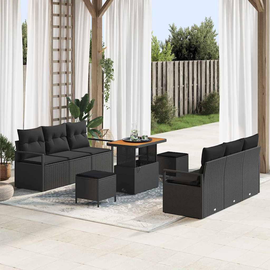 Garten-Sofa-Set mit Speicher 9 pcs Schwarz Poly Rattan