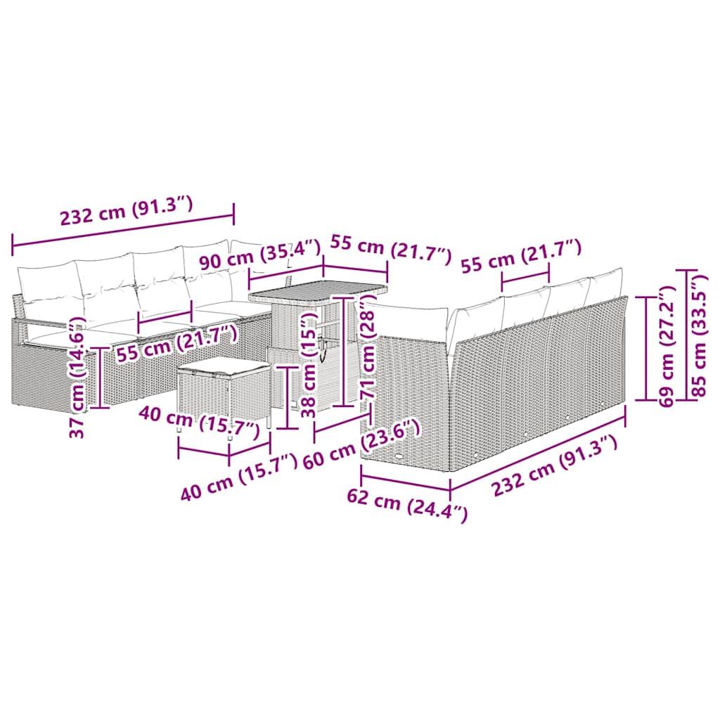 Garten-Sofa-Set mit Kissen mit Speicher Schwarz 90 x 55 x 71 cm
