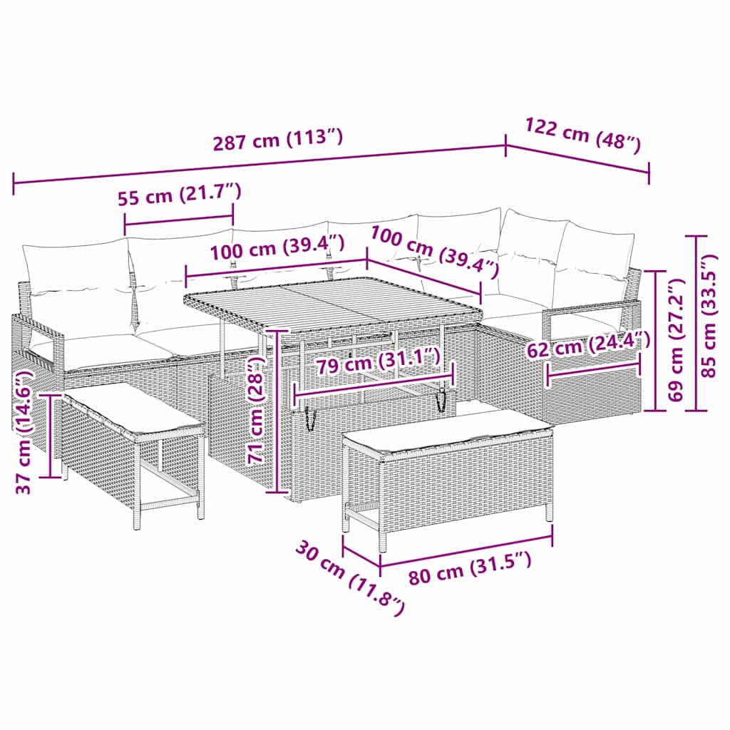 Garten-Sofa-Set mit Kissen mit Speicher 9 pcs Schwarz