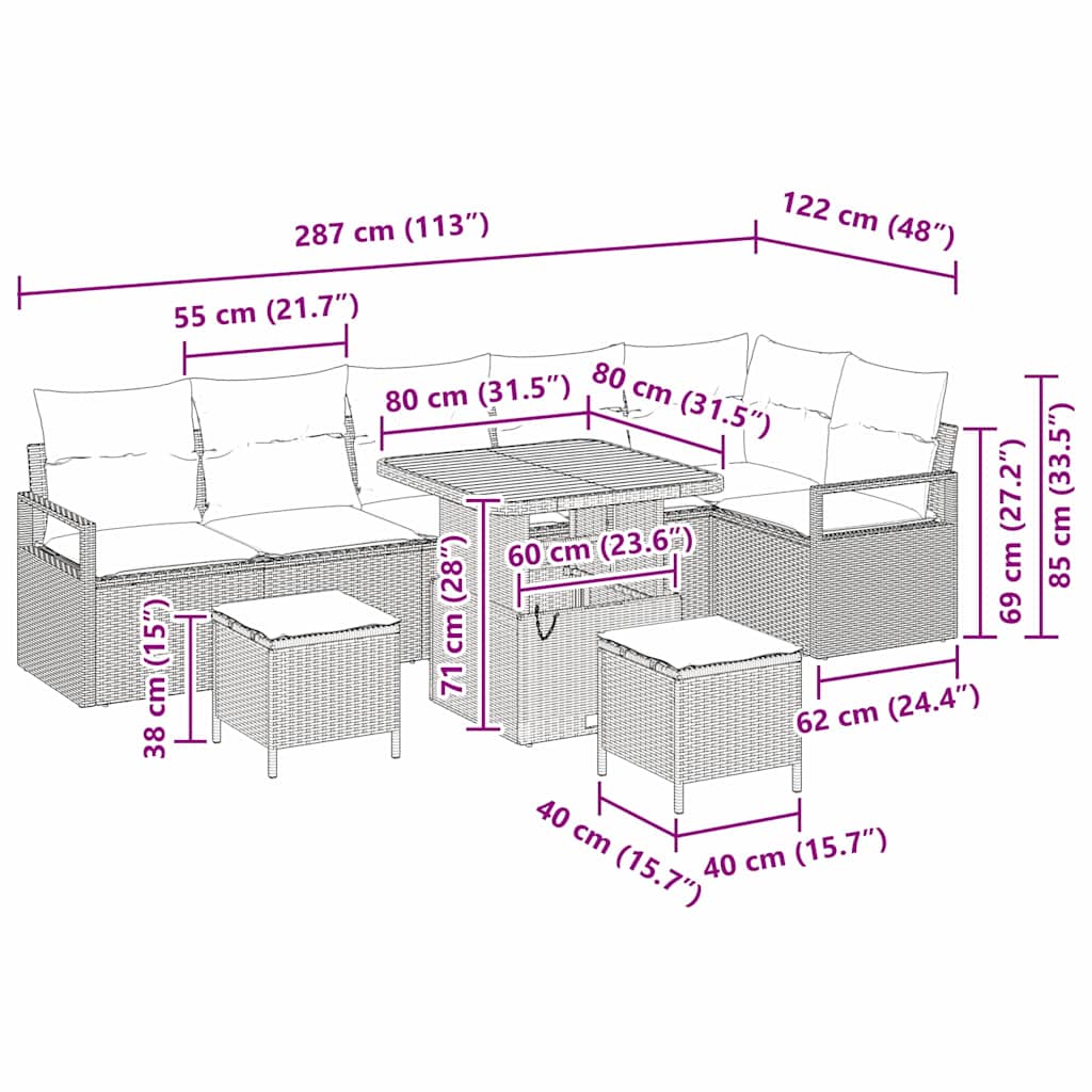 Garten-Sofa-Set mit Kissen mit Speicher 9 pcs Schwarz